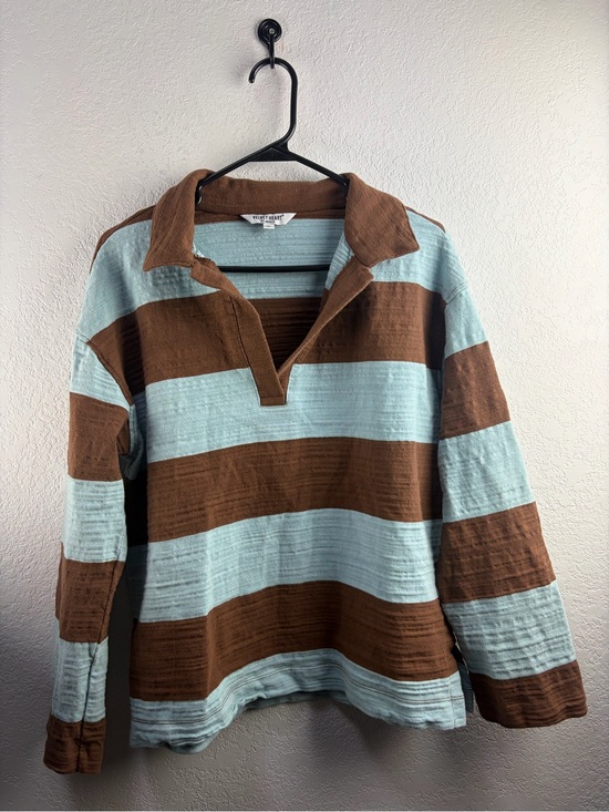 Velvet Heart Tops - Velvet Heart Women’s  Brown & Light Blue Striped Collared Pullover L